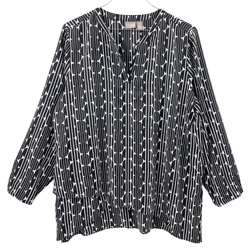 Chicos Womens 3 | XL Tunic Top Blouse Black White Pattern Work Office Flowy